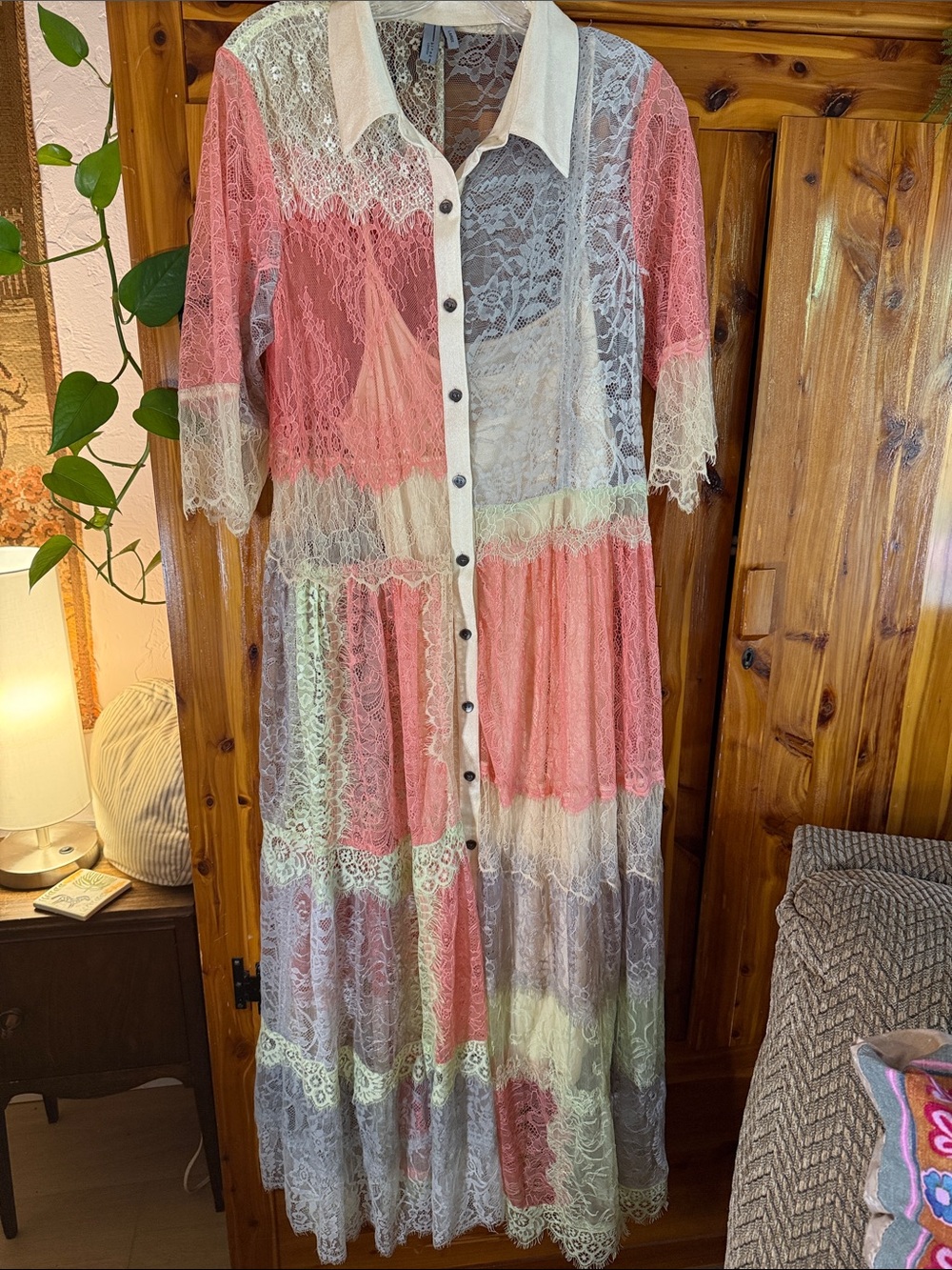 Blank Lace Patchwork Button-Front Maxi Dress - Pink & Cream